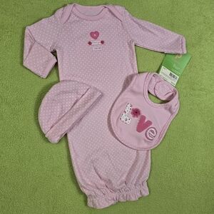 NWT PREEMIE Baby GIRL 3P GOWN BIB +HAT SET Pink I LOVE YOU (Q9)